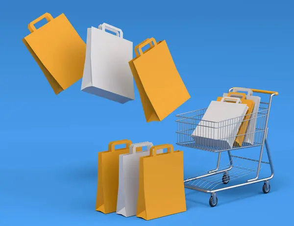Shopping cart or trolley for groceries with kraft paper bag on blue background. 3d render concept of sale, discount, shopping and delivery
