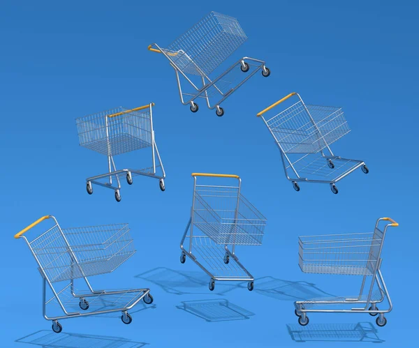Set of flying shopping carts or trolley for groceries on blue background. 3d render concept of sale, discount, shopping and delivery