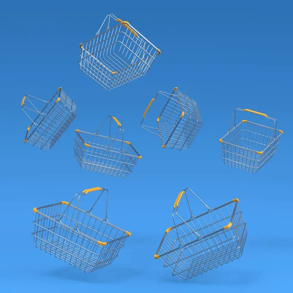 Set of flying metalwire shopping basket from supermarket on blue background. 3d render concept of online shopping and black friday sale
