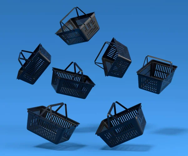 Set of flying plastic shopping basket from supermarket on blue background. 3d render concept of online shopping and black friday sale