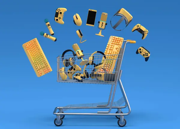 Flying gamer gears like mouse, keyboard, joystick, headset, VR Headset. web camera in trolley on blue background. 3d render of sale, shopping and delivery of accessories for live streaming