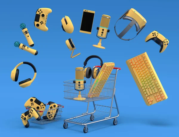 Flying gamer gears like mouse, web camera, joystick, headset, VR Headset in shopping carts and basket on blue background. 3d render of sale, shopping and delivery of accessories for live streaming