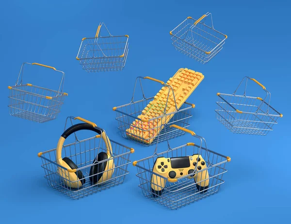 Gamer gears like mouse, keyboard, joystick, headset, VR Headset in metal wire basket on blue background. 3d render concept of sale, discount, shopping and delivery of accessories for live streaming
