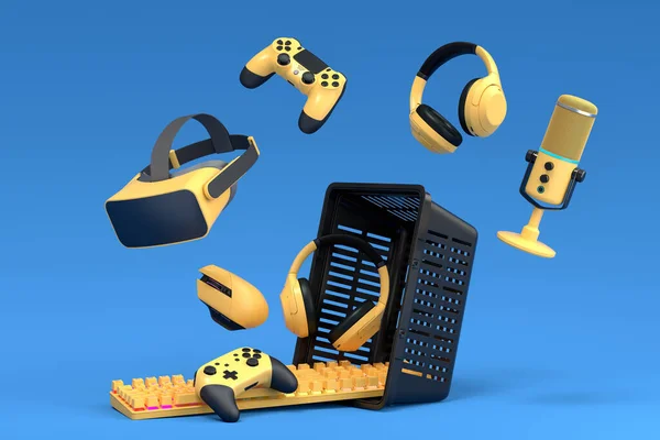 Gamer gears like mouse, keyboard, joystick, headset, VR Headset in plastic wire basket on blue background. 3d render concept of sale, discount, shopping and delivery of accessories for live streaming