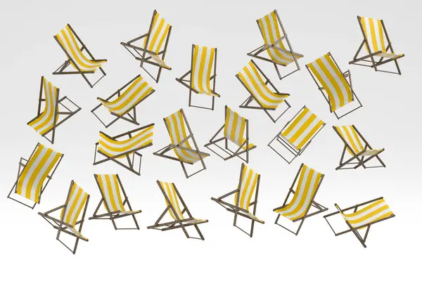 Wiele Latających Krzeseł Plażowych Paski Odizolowanych Białym Tle Renderowanie Koncepcji — Zdjęcie stockowe