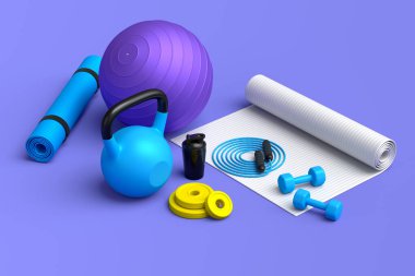 Yoga minderi, kettlebell, fitness topu ve menekşe arkaplanındaki akıllı saatler gibi spor ekipmanlarına farklı bir bakış açısı. Güç kaldırma ve zindelik kavramının 3 boyutlu canlandırması