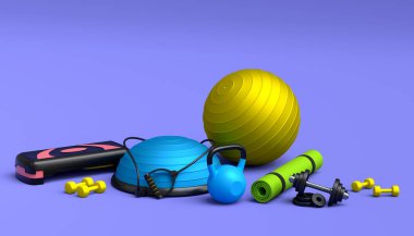 Yoga minderi, kettlebell, fitness topu ve menekşe arkaplanındaki akıllı saatler gibi spor ekipmanlarına farklı bir bakış açısı. Güç kaldırma ve zindelik kavramının 3 boyutlu canlandırması