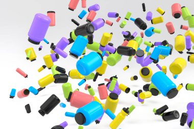 Protein içeceği için spor karıştırıcı ve beyaz arka planda su şişeleri gibi uçan ve kıvrımlı spor ekipmanları. 3D kaldırma, fitness ve beden eğitimi konsepti