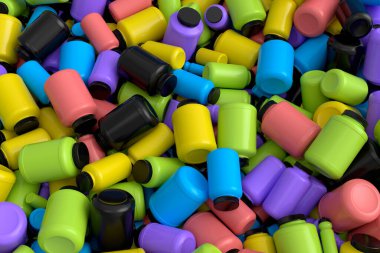 Beyaz arka planda spor beslenme protein tozu için çok renkli plastik kavanoz yığını. 3D kaldırma, fitness ve beden eğitimi konsepti