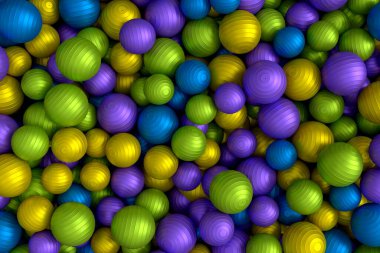 Çok renkli fitness topu yığını ya da beyaz arka plana düşen fitball topu. Pilates ve yoga için spor aksesuarları hazırlamak ya da yorgunluğu dindirmek ve rahatlatmak için egzersiz yapmak