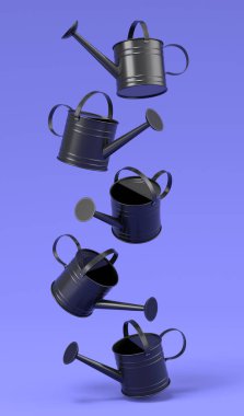 Set of watering cans on a violet background. 3d render concept of gardening equipment tools for farm and harvesting