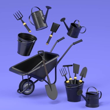 Garden wheelbarrow with garden tools like shovel, rake and fork on violet background. 3d render concept of horticulture and farming supplies