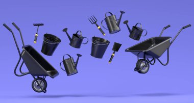 Garden wheelbarrow with garden tools like shovel, rake and fork on violet background. 3d render concept of horticulture and farming supplies