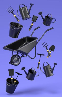 Garden wheelbarrow with garden tools like shovel, rake and fork on violet background. 3d render concept of horticulture and farming supplies