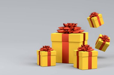 Kurdeleli hediye kutuları ve gri arka planda uçan ve düşen fiyonk. 3D karşılama tasarımı konsepti: Doğum günü, Mutlu Noeller, Kara Cuma, Yeni Yıl