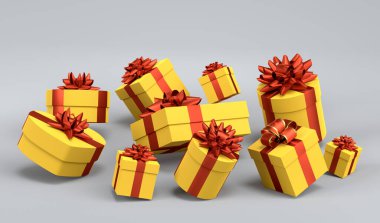 Kurdeleli hediye kutuları ve gri arka planda uçan ve düşen fiyonk. 3D karşılama tasarımı konsepti: Doğum günü, Mutlu Noeller, Kara Cuma, Yeni Yıl