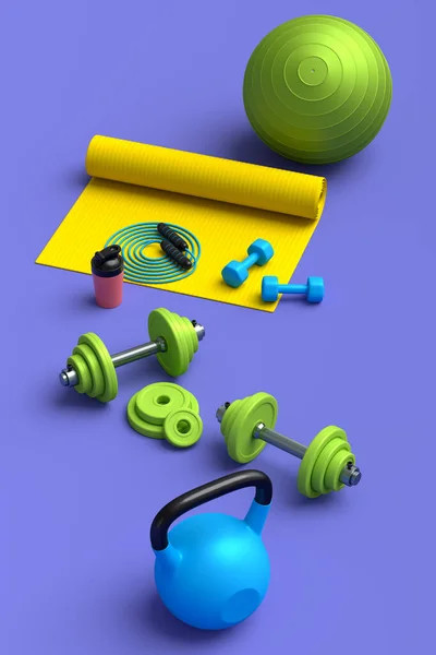 Isometric View Sport Equipment Yoga Mat Kettlebell Fitness Ball Smart — Stock Photo, Image
