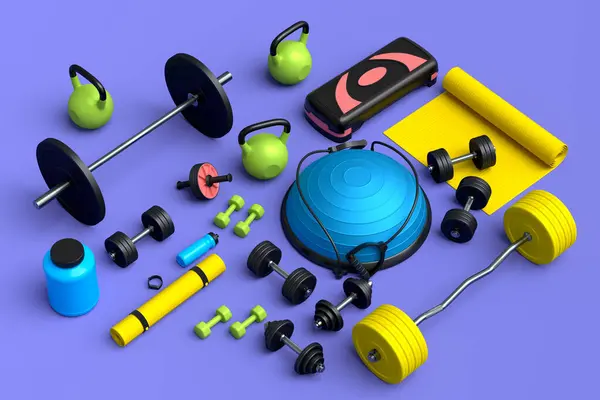 Isometric View Sport Equipment Yoga Mat Kettlebell Fitness Ball Smart — Stock Photo, Image