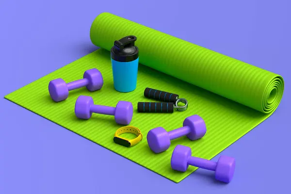 Isometric view of sport equipment like yoga mat, dumbbell, water bottle and smart watches on violet background. 3d render of power lifting and fitness concept
