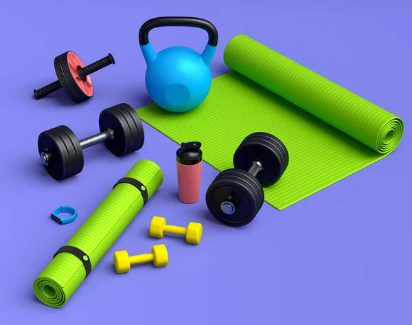 Isometric view of sport equipment like yoga mat, kettlebell, fitness ball and smart watches on violet background. 3d render of power lifting and fitness concept