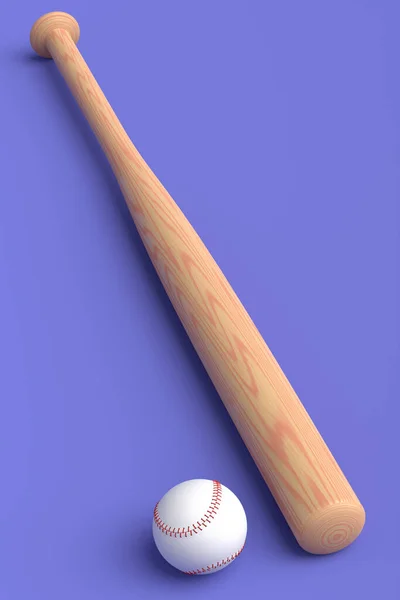 木制专业垒球或棒球棒和孤立在紫色背景的球 3D为团队游戏提供体育配件 — 图库照片