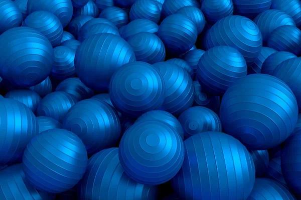青いフィットネスボールまたはフィットボールの山は白い背景に落ちます ピラティスやヨガを練習するためのスポーツアクセサリーの3Dレンダリングや疲労を緩和するための運動 — ストック写真