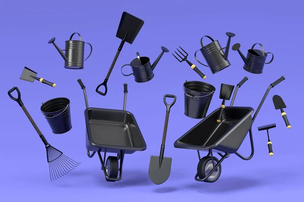 Garden wheelbarrow with garden tools like shovel, rake and fork on violet background. 3d render concept of horticulture and farming supplies