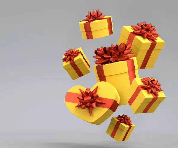 リボンとボウが飛び 灰色の背景に落ちるギフトボックス 3Dレンダリングデザイン誕生日 メリークリスマス ブラックフライデー — ストック写真