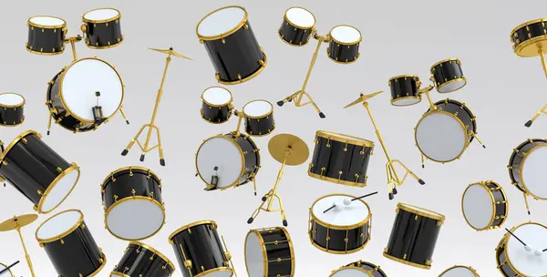 stock image Many of flying drums with metal cymbals on white background. 3d render concept of musical percussion instrument, drum machine and drumset