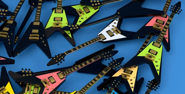 Heap Electric Guitars Isolated Blue Background Render Concept Rock Festival — Stock Photo, Image
