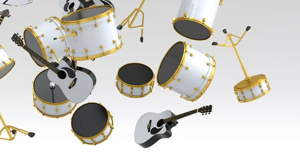 Mnoho Létajících Akustických Kytar Bubnů Kovovými Činely Nebo Bubnů Izolovaných — Stock fotografie