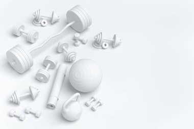 Yoga minderi, kettlebell, fitness topu ve tek renkli arka plandaki akıllı saatler gibi spor ekipmanlarına özgün bir bakış açısı. Güç kaldırma ve zindelik kavramının 3 boyutlu canlandırması