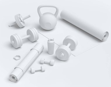 Yoga minderi, kettlebell, fitness topu ve tek renkli arka plandaki akıllı saatler gibi spor ekipmanlarına özgün bir bakış açısı. Güç kaldırma ve zindelik kavramının 3 boyutlu canlandırması