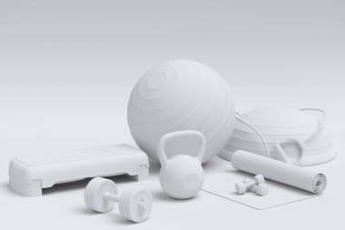 Yoga minderi, kettlebell, fitness topu ve tek renkli arka plandaki akıllı saatler gibi spor ekipmanlarına özgün bir bakış açısı. Güç kaldırma ve zindelik kavramının 3 boyutlu canlandırması