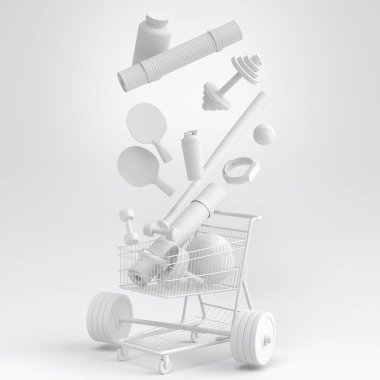Sport equipment for fitness, gym in shopping cart on monochrome background. 3d render of power lifting and fitness concept