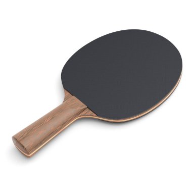 Masa tenisi için beyaz arka planda izole edilmiş siyah masa tenisi raketi. Aktif eğitim için 3D spor ekipmanı hazırlama