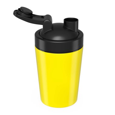 Beyaz arka planda izole edilmiş protein içeceği için sarı plastik spor karıştırıcı. Spor gıda kokteyl kabının 3 boyutlu sunucusu