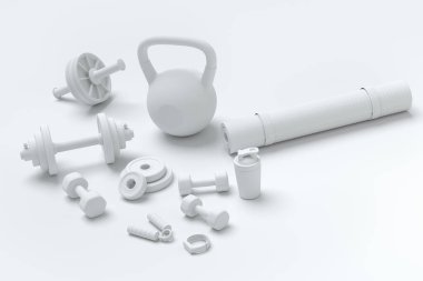 Yoga minderi, kettlebell, fitness topu ve tek renkli arka plandaki akıllı saatler gibi spor ekipmanlarına özgün bir bakış açısı. Güç kaldırma ve zindelik kavramının 3 boyutlu canlandırması