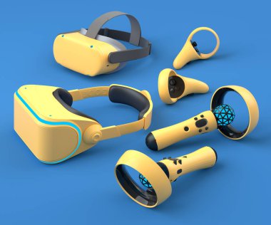 Sanal gerçeklik gözlükleri ve çevrimiçi ve mavi arka plandaki bulut oyunları için kontrol cihazları. Artırılmış gerçeklikte sanal tasarım için 3B görüntüleme aygıtı veya VR içindeki sanal oyun