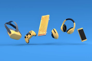 Fare, klavye, joystick, kulaklık ve mavi arka planda VR gözlükleri gibi top view oyuncusunun vitesleri. Canlı yayın konsepti için 3D aksesuar hazırlama