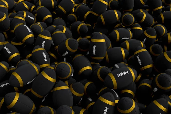 Many of flying black american football ball falling on white background. 3d render of sport accessories for team playing games, exercise and competition