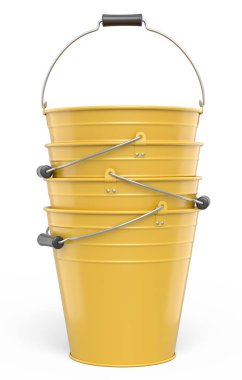 Beyaz arka planda izole edilmiş metal bahçe kovaları. Bitkilerin 3 boyutlu bakım ve susuzluğu