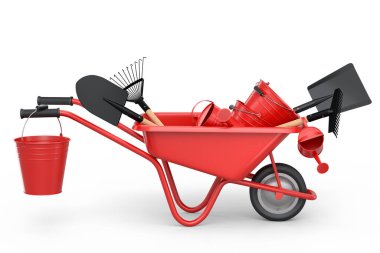 Bahçe el arabası, kürek, su kovası ve beyaz arka planda çatal gibi aletler. El arabası ya da direksiyonlu bir araba. Kargo taşımacılığı için 3D tarım bahçesi oluşturma aracı.
