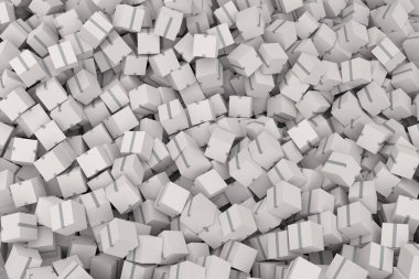 Beyaz arka planda izole edilmiş bir yığın karton kutu ya da hediye kutusu. 3D ekspres teslimat kavramı depo, paket taşımak ve çevrimiçi alışveriş