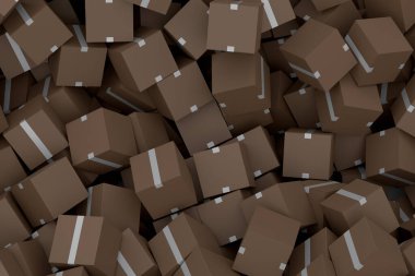 Beyaz arka planda izole edilmiş bir yığın karton kutu ya da hediye kutusu. 3D ekspres teslimat kavramı depo, paket taşımak ve çevrimiçi alışveriş