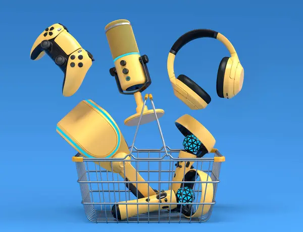 Flying gamer gears like mouse, keyboard, joystick, headset, VR Headset. web camera in plastic basket on blue background. 3d render of sale, shopping and delivery of accessories for live streaming