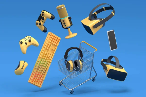 Flying gamer gears like mouse, keyboard, joystick, headset, VR Headset in shopping carts and basket on blue background. 3d render of sale, shopping and delivery of accessories for live streaming