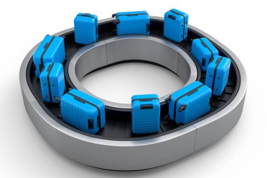 Havaalanı valiz taşıma bandı ya da beyaz arka planda bavulları olan bagaj teslim alanı. Seyahat tatil konseptinin 3D sunucusu.