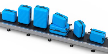 Havaalanı bagaj taşıma bandı, üretim hattı ya da bavulları beyaz arka planda olan bagaj teslim alanı. Seyahat tatil konseptinin 3D sunucusu.