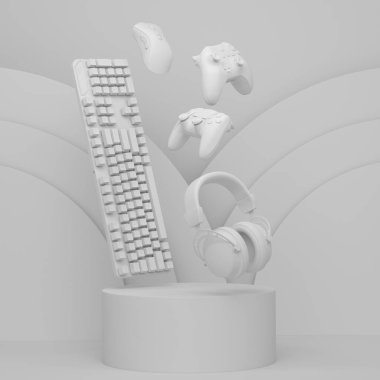 Oyun kumandası, klavye, fare ve kulaklıklar silindir podyumda tek renkli arka planda. Bulut oyunu ve oyuncu çalışma alanı için akış teçhizatı gibi 3D görüntüleme ürünü